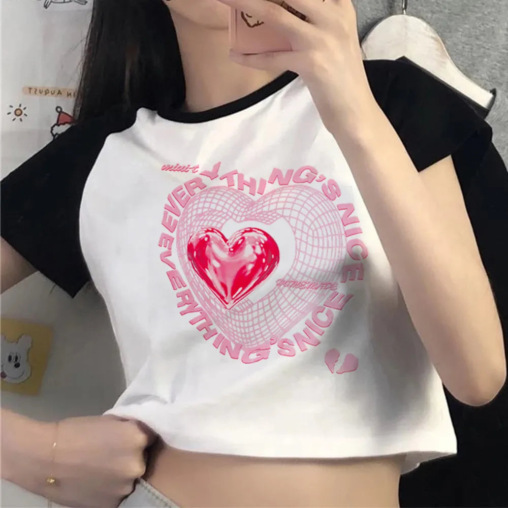 Aesthetic Heart print streetwear korean fashion cyber y2k crop top girl aesthetic graphic Kawaii kawai cropped tee